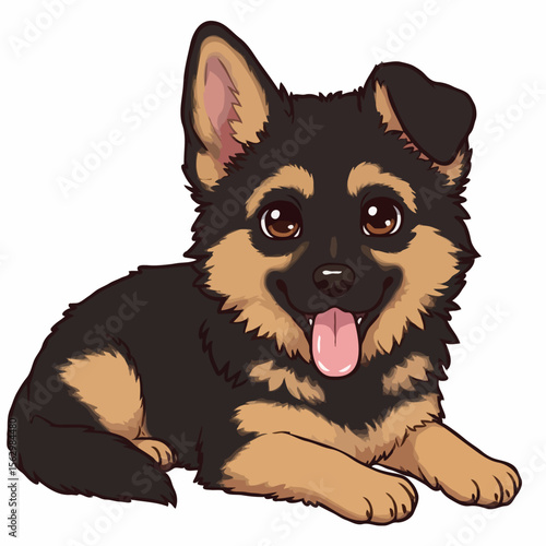 Adorable cartoon german shepherd puppy with floppy ear and tongue out