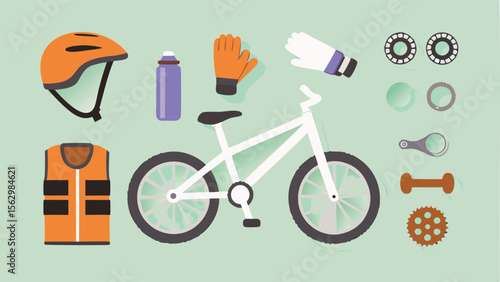 Illustration of a bicycle with safety gear, tools, and accessories on a light green background color