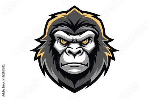 An intimidating gorilla gazes intensely with golden eyes, showing its powerful musculature and determination