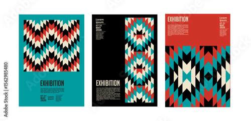Art exhibition posters with abstract painting design. Vector vertical banners, invitation flyers to museum or gallery with trendy creative background with colorful patern blobs and drawn shapes.