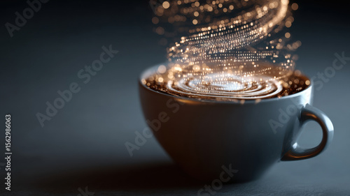 Coffee cup with swirling digital code inside, symbolizing morning data flow and mental processing