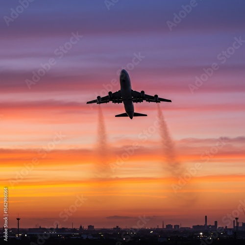 Airplane Taking Off Against a Dramatic Golden Hour Sky