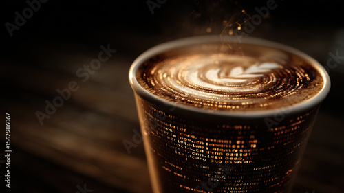 Coffee cup with swirling digital code inside, symbolizing morning data flow and mental processing