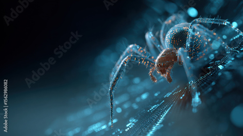 cyber Spider weaving a binary code web, symbolizing creativity and patience in the process