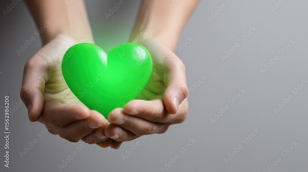Fototapeta premium Two hands gently cradling a glowing green heart. The image evokes feelings of care, compassion, and environmental consciousness.