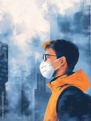 man wearing protective mask with city buildings and smoke dusts floating in the air. PM2.5 pollution and covid-19 protection concept for pregnancy vector