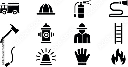 A set of firefighter icons including a truck, helmet, and fire extinguisher, set of vector icons of old buildings