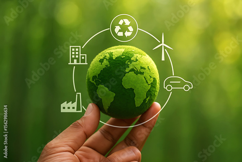 Fototapeta Naklejka Na Ścianę i Meble -  Hand holding a green planet earth with icons representing sustainability and renewable energy