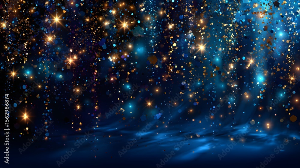 Obraz premium Golden Glittering Stars and Sparkles on Dark Blue Background perfect for celebration banners, holiday greeting cards, festive invitations, and luxury branding campaigns