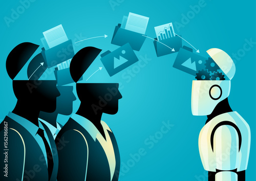 Vector illustration of faceless business people transferring data and knowledge into a robot. File icons representing documents, images, and analytics being uploaded into the robot's head.