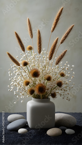 Spa Still Life with Stones, Towel,and Floral Decoration