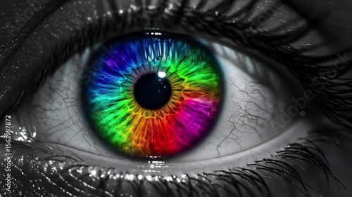 Close-up of a multicolored eye with intricate iris patterns against a black-and-white backdrop, emphasizing vibrant hues and sharp details.