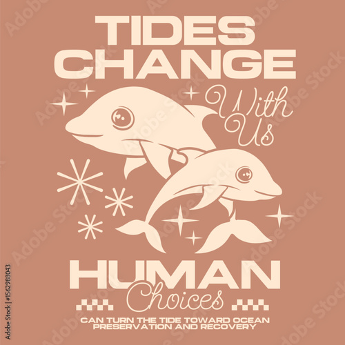 Sea Life poster design for print, Retro ocean environment t-shirt design, Dolphin Sea animal conservation graphic