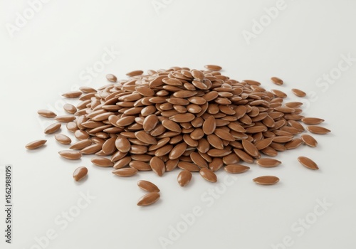 A mound of brown flax seeds is arranged on a white surface, highlighting their natural texture and color
