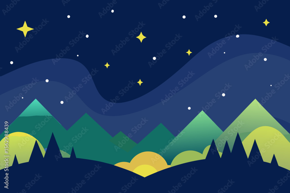 Obraz premium Christmas winter night landscape with snow, stars, moon, and blue sky illustration