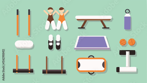 Illustration of gymnastics equipment including uneven bars and balance beam on green background