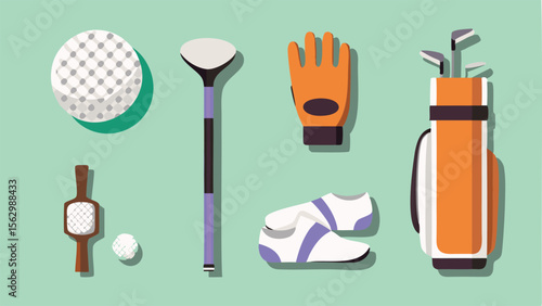 Illustration of golf equipment including a ball, clubs, shoes, and glove on a green background