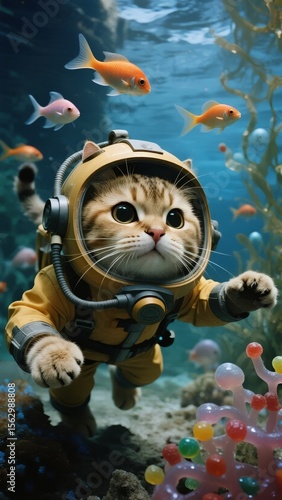 A cat in a scuba diving suit exploring an underwater coral reef with colorful fish.