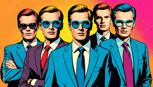Stylish Men in Retro Pop Art Suits and Sunglasses