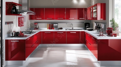 Modern red kitchen with white countertops
