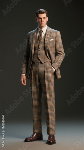 Man in a Plaid Suit Standing Against a Neutral Background