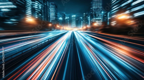 Streaking lights zoom through a city at night
