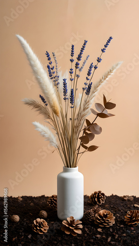 Cup of coffee filled with beans next to dried floral bouquet on a brown natural background