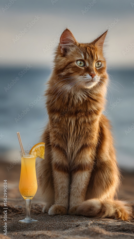 Obraz premium Ginger Cat Sitting by Cocktail Glass on Beach with Ocean View perfect for summer holiday marketing, pet humor content, beach-themed social campaigns and travel blog illustrations
