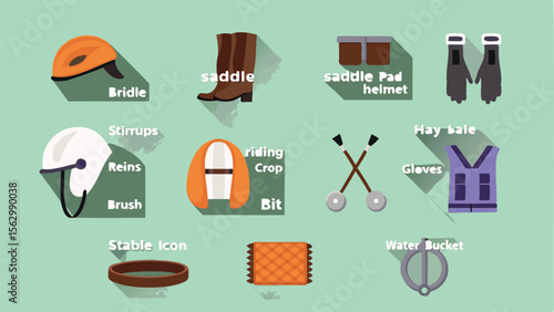 Illustration of equestrian equipment including saddle bridle and various other horse care items shown