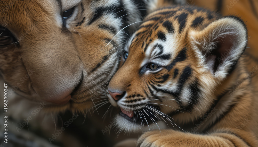 Fototapeta premium Close-up of a Mother Tiger and Her Cub Sharing a Tender, Affectionate Bond in the Wild