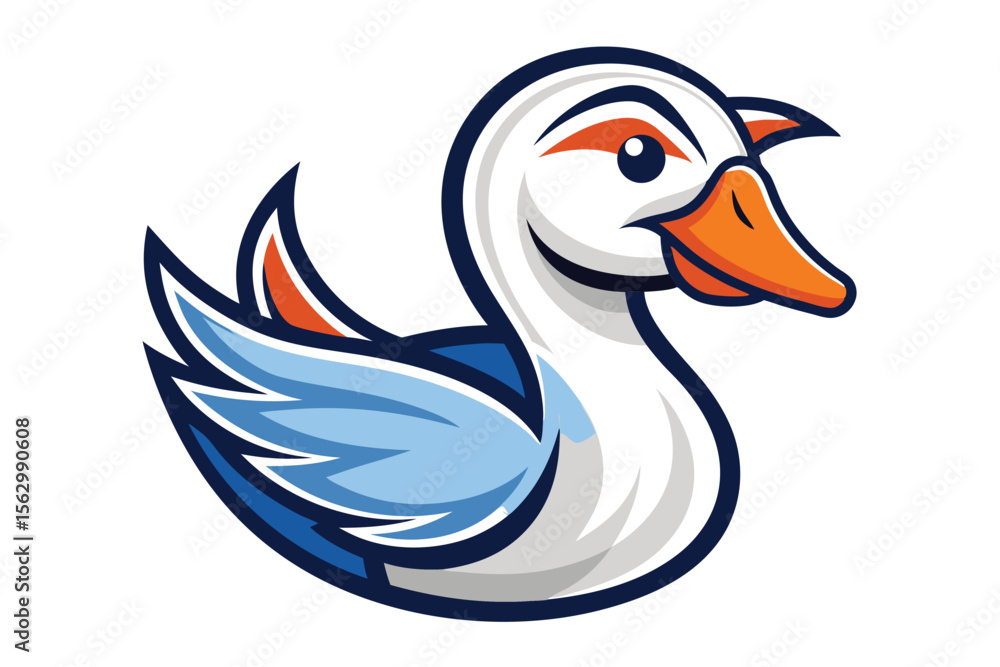 Obraz premium Animated goose illustration with orange beak and blue wings on a white backdrop