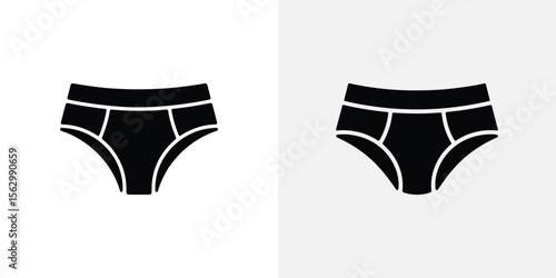 Two Black Underwear Panties Icons on Split White and Gray Backgrounds, Isolated