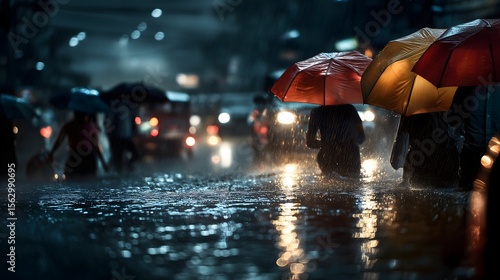 Urban bangkok commuters with vivid umbrellas