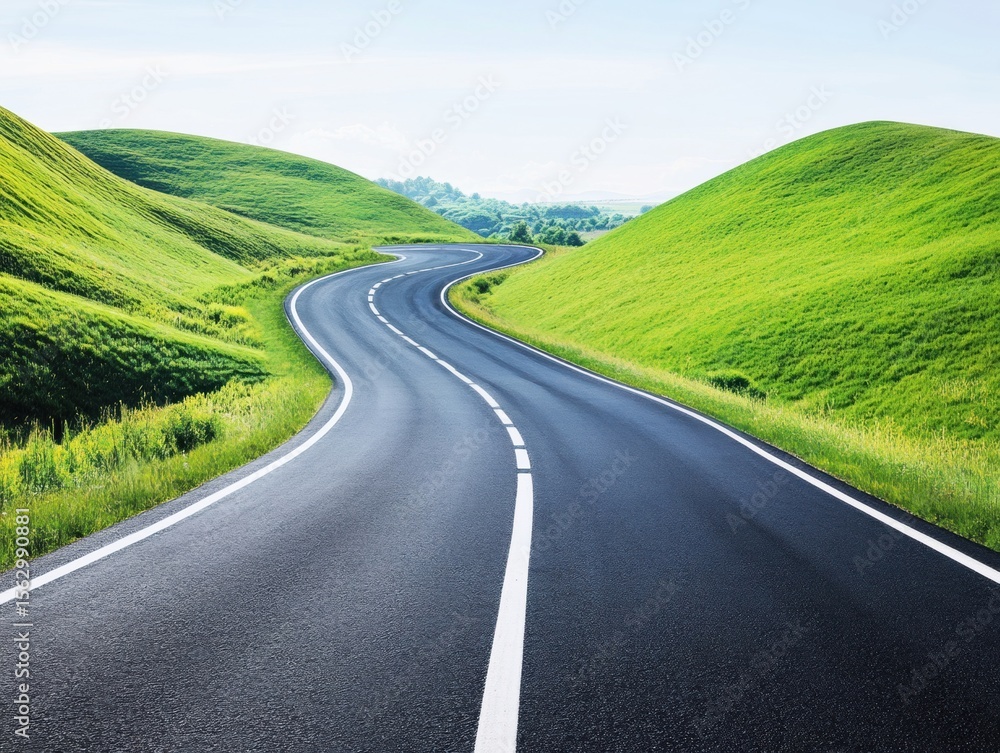 Fototapeta premium A winding road curves gracefully through vibrant green hills under a clear blue sky. The sunlit landscape showcases the beauty of nature, inviting drivers to explore the serene surroundings.