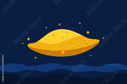 Here are a few options, choose the one that best fits your needs:

Cartoon vector illustration of a flying UFO spaceship near the moon and stars in the night sky

Night sky landscape with a cartoon UF