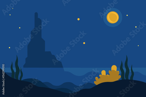 Moon and stars illuminate the dark night sky, a serene landscape silhouette with a majestic tree and mountain under the blue moonlight