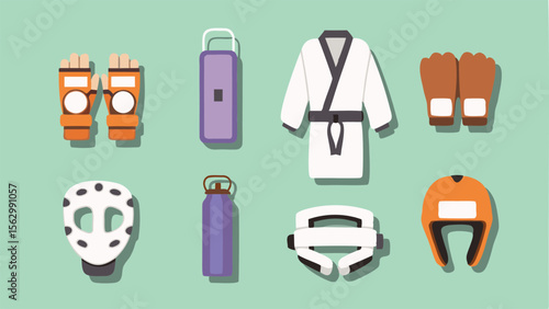 Illustration of martial arts equipment including gloves, uniform and protective gear for training use