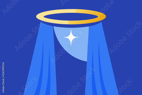 Elegant woman in a black gown stands before a blue stage curtain bathed in a spotlight, embodying fashion and glamour under a blue sky