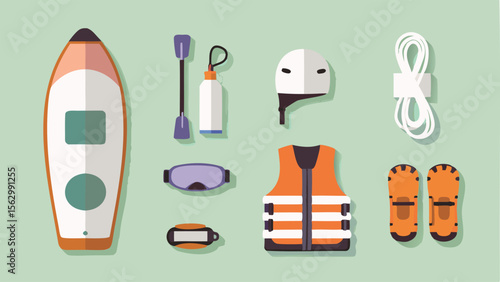 Overhead view of kayaking equipment including boat, paddle, helmet, and life vest on green background