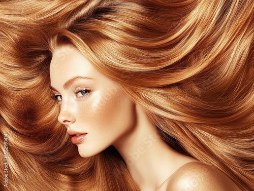 A woman poses elegantly, her long, vibrant red hair cascading gracefully around her. Soft lighting highlights her features, emphasizing a serene and confident expression.