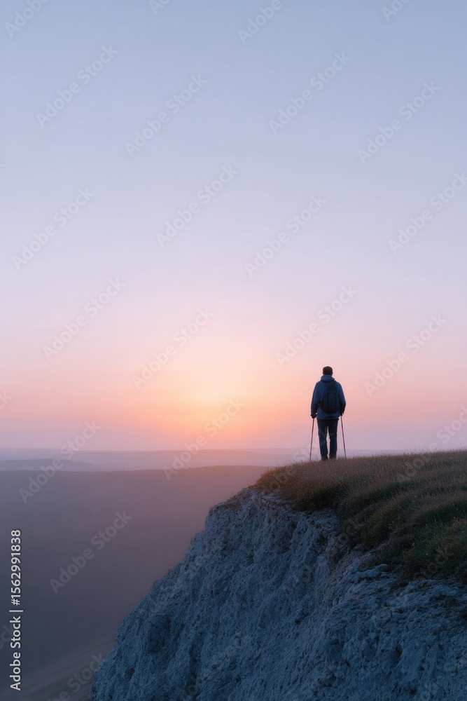 portrait of solo hiker standing on cliff edge holding trekking poles against breathtaking sunset view portrait of solo hiker standing on cliff edge holding trekking poles against breathtaking sunset view