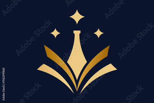 A magic book with a golden crown is wonderfully illustrated as a Christmas and New Year decoration, adorned with stars, ribbons, and golden ornaments, symbolizing holiday celebration