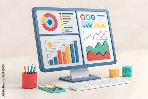 Colorful data charts on computer screen graphs