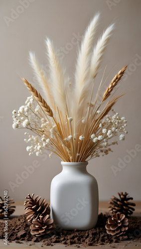 Golden ears of wheat and loaves of bread arranged with dried flowers in a glass vase