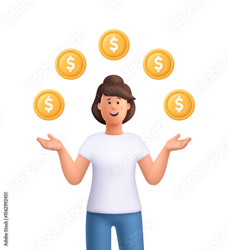 Young smiling woman Jane standing with golden coins signs float around her. Finance, business, money and investment concept. 3d vector people character. Cartoon minimal style.