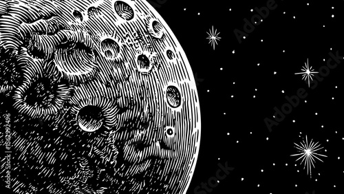 moon with craters and surrounding stars, suitable for astrology designs, science fiction branding or space-themed art a black and white line art illustration