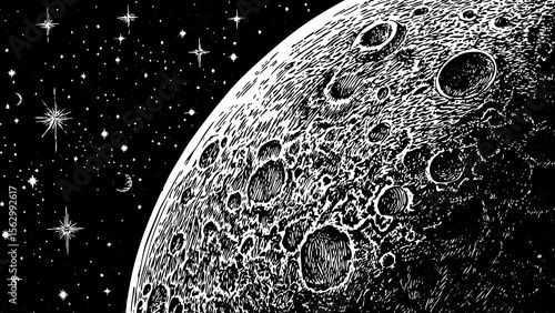 moon with craters and surrounding stars, suitable for astrology designs, science fiction branding or space-themed art a black and white line art illustration
