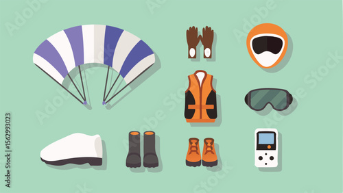 Flat lay of roller derby equipment including helmet, pads, gloves, skates, and tools on green background