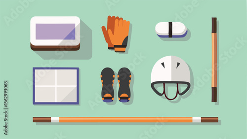 Flat lay illustration of roller skating equipment including helmet gloves and roller skates on green background