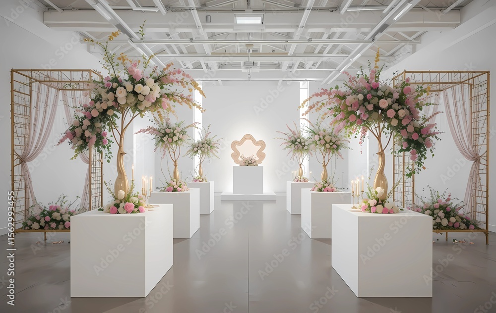 Fototapeta premium Art gallery-style wedding with cube tents as installations, minimalist tables, and floral sculptures.